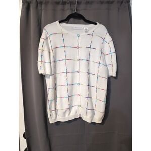 Alfred Dunner White Knit Cardigan, Women's Large Colorful Plaid Top Short Sleeve